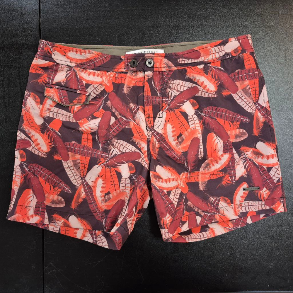 Parke & Ronen Swim Trunks‎ Size 31 Burgundy Orange Feather Print